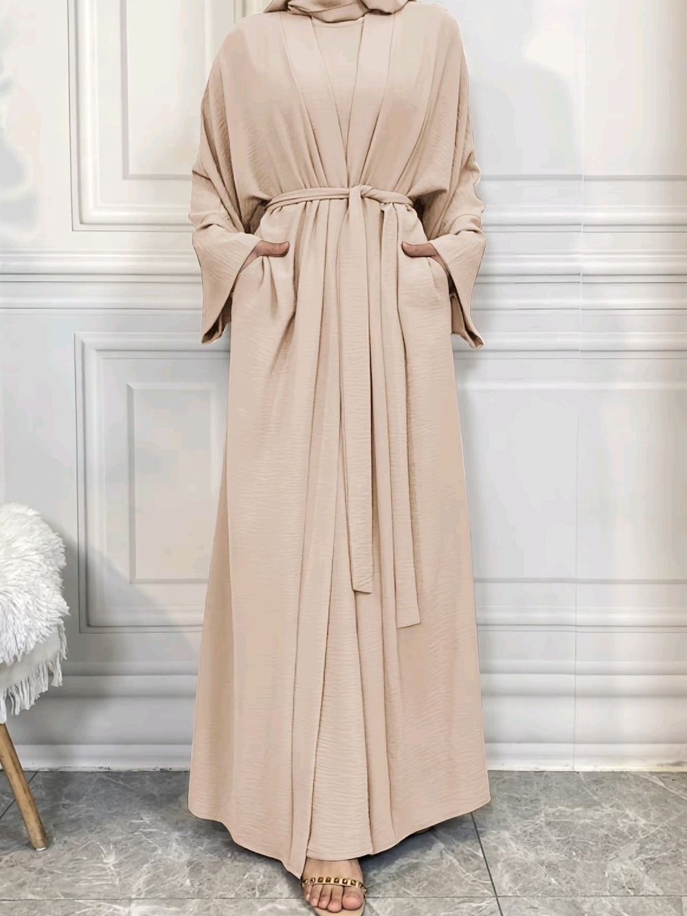 Elegant Beige Modest Abaya with Tie Waist Abaya Muslim